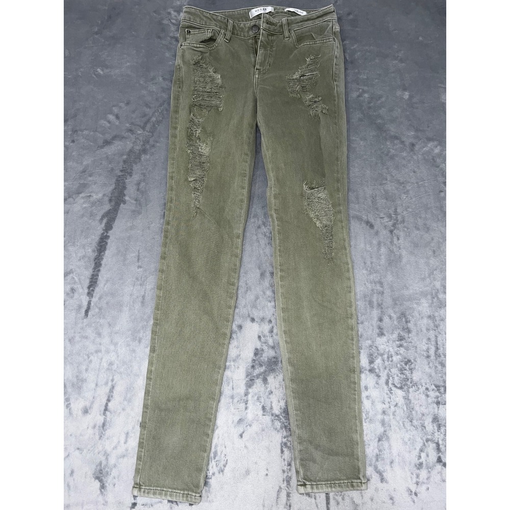 Guess Sexy Curve Skinny Jeans Olive Green Distressed Ripped Denim Size 27